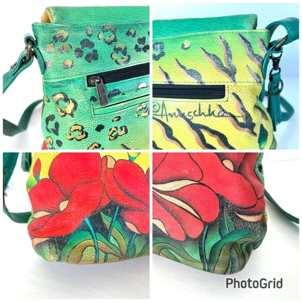 ANUSCHKA Multicolor Hand Painted Leather Wallet w Shoulder Bag Crossbody Satchel
